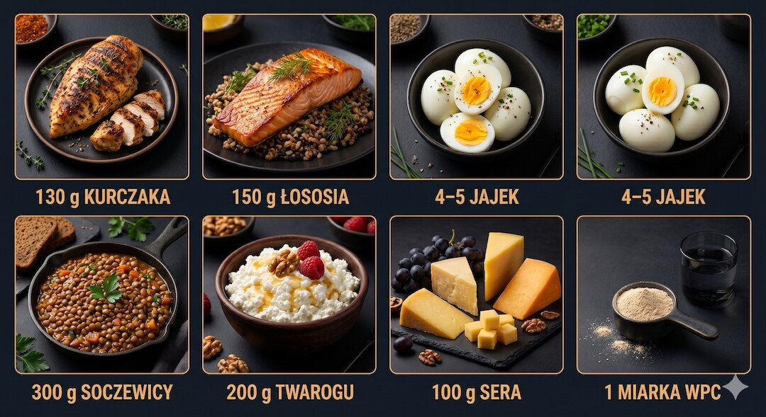 Wizualne zestawienie porcji produktów zawierających 30g białka z opisami po polsku na ciemnym tle