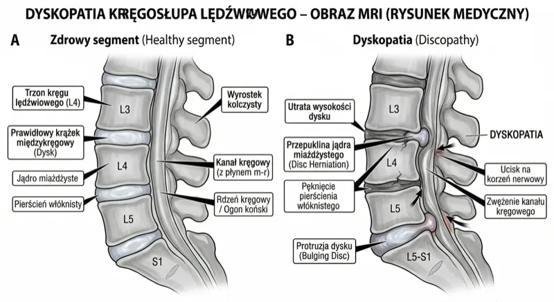 Obraz rezonansu magnetycznego (MRI) pokazujący kręgosłup i strukturę dysków międzykręgowych