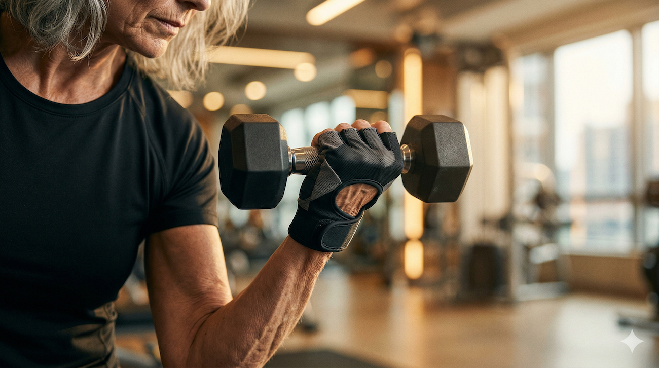 Mocny uścisk dłoni na hantlu