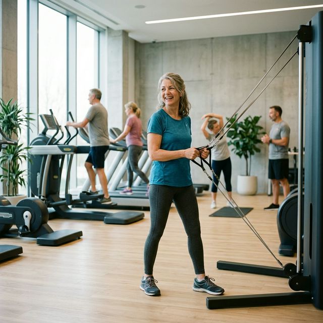 Osoba po 50-tce ćwicząca na siłowni z pewnością siebie po badaniach