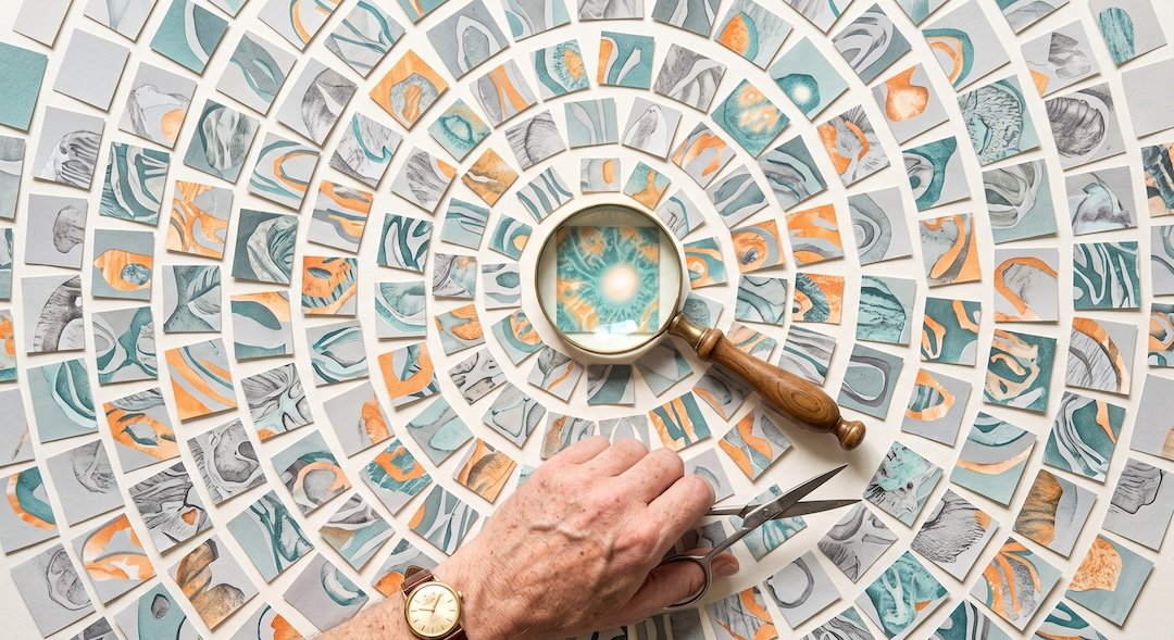 Kolaż z setek papierowych kafelków przypominających skany, ułożonych w spiralę, w centrum mosiężna lupa powiększa jeden kafelek