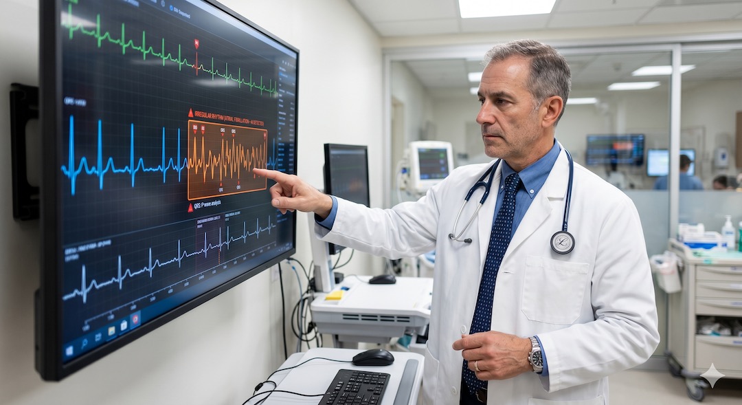 Kardiolog analizuje zapis EKG wspierany przez system AI, który podświetla niepokojące fragmenty rytmu serca