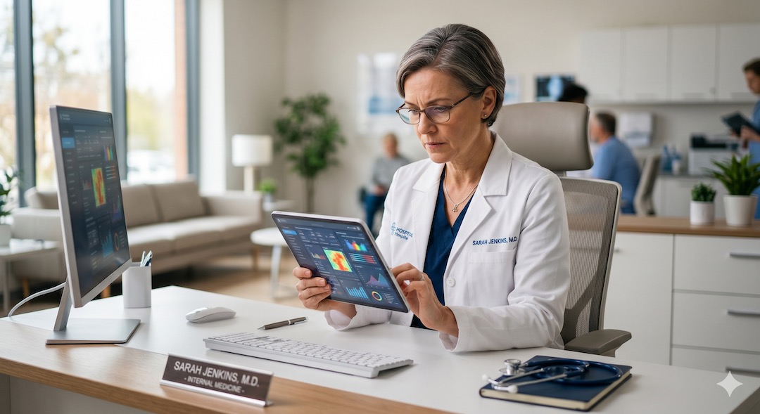 Doświadczona lekarka w skupieniu przegląda wyniki analizy AI na tablecie – nowoczesna klinika, profesjonalne podejście