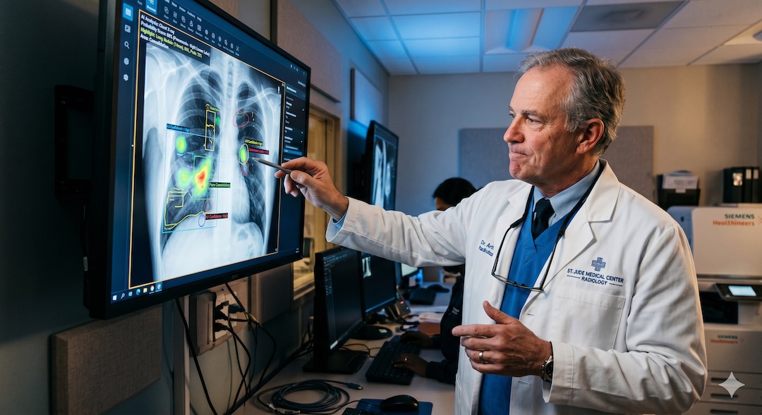 Doświadczony lekarz analizuje wyniki badań na monitorze wspieranym przez AI – nowoczesna, spokojna atmosfera gabinetu