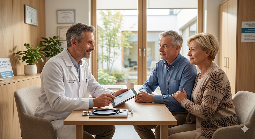 Doświadczona para rozmawia z lekarzem w gabinecie – technologia jest w tle, na pierwszym planie jest zaufanie i kontakt ludzki