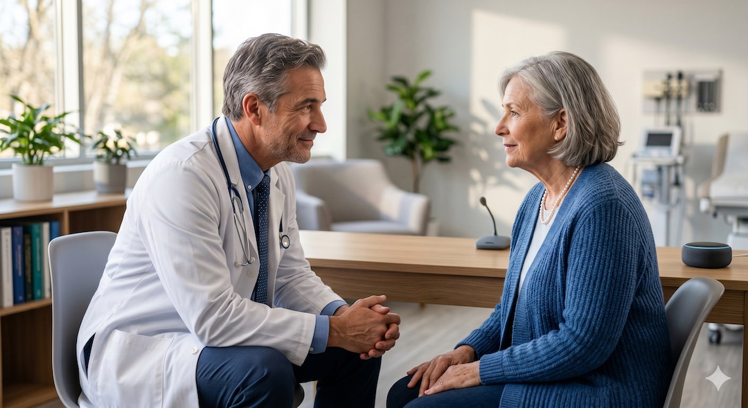 Spokojna rozmowa lekarza z pacjentką w gabinecie – brak bariery w postaci monitora, pełna uwaga skupiona na człowieku