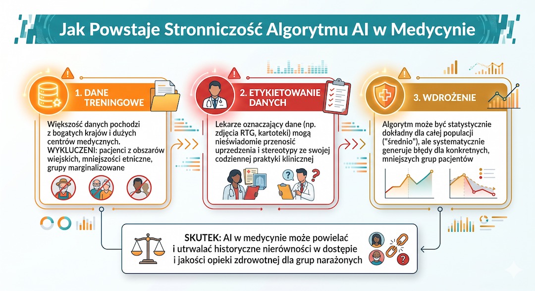 Schemat pokazujący jak powstają błędy w AI – od niepełnych danych po ryzyko powielania dawnych nierówności w leczeniu