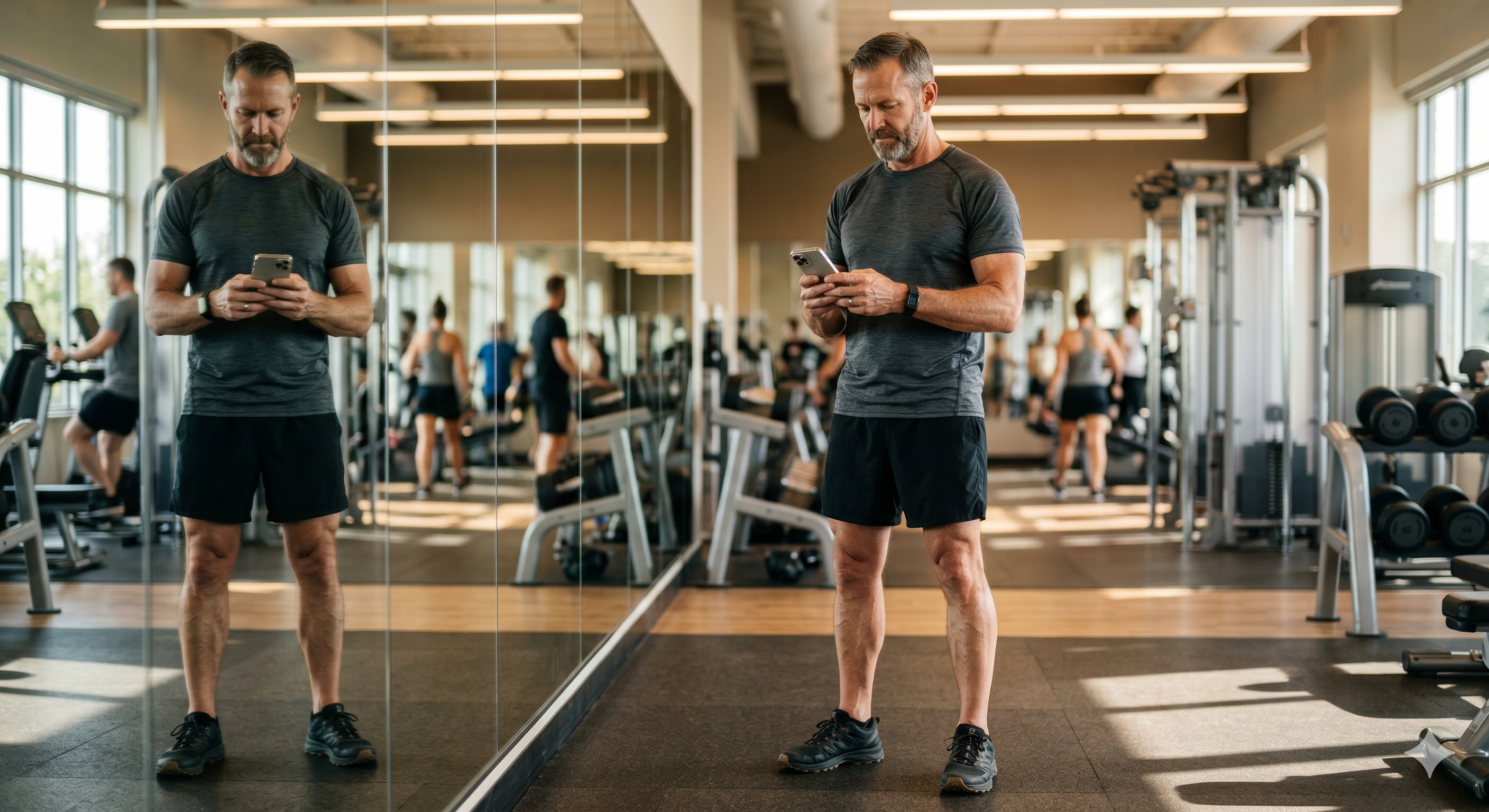Mężczyzna po 50-tce na siłowni zatrzymuje się przy lustrze i sprawdza coś w telefonie