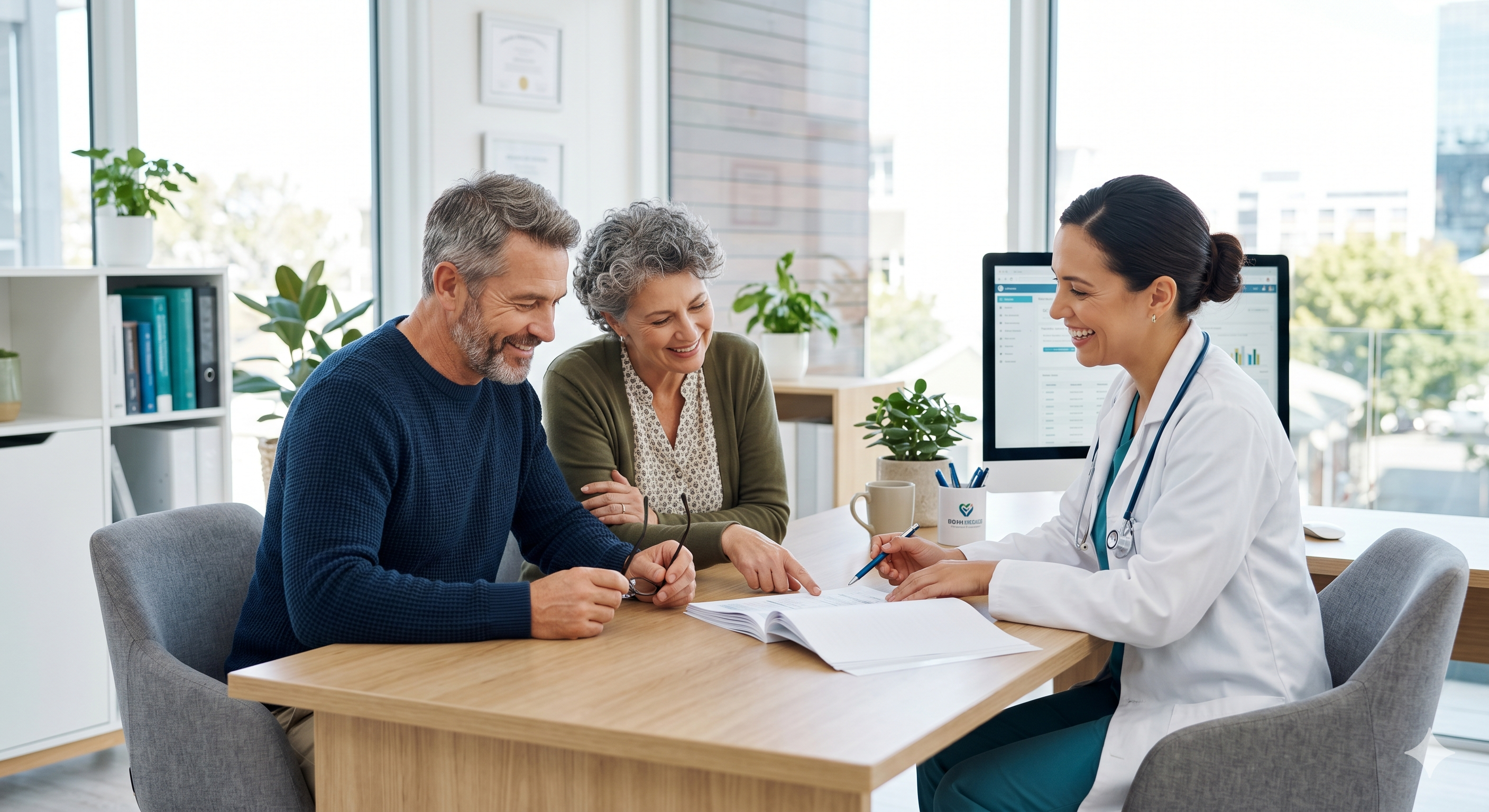 Para w wieku 55 lat rozmawia z lekarką w nowoczesnej przychodni, przeglądając wyniki badań