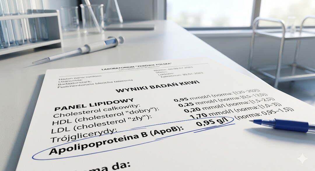 Wydruk wyników badań laboratoryjnych z zaznaczonym wynikiem ApoB
