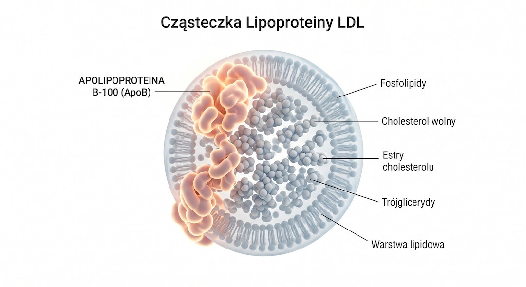 Schemat cząsteczki LDL z zaznaczonym białkiem ApoB na powierzchni