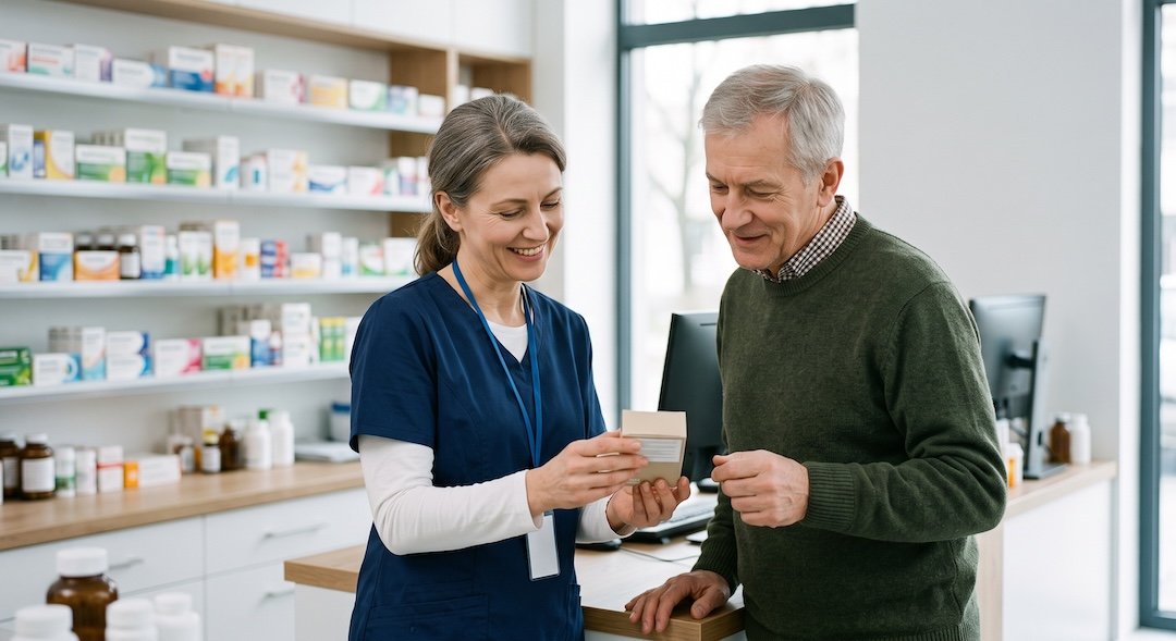 Farmaceutka i klient po pięćdziesiątce czytają razem opakowanie preparatu przy ladzie w aptece