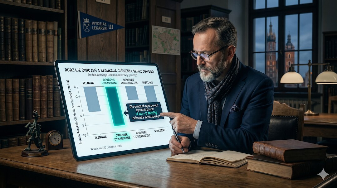 Ekspert wskazuje ekran z wykresem metaanalizy pokazującym średni spadek ciśnienia skurczowego po treningu oporowym