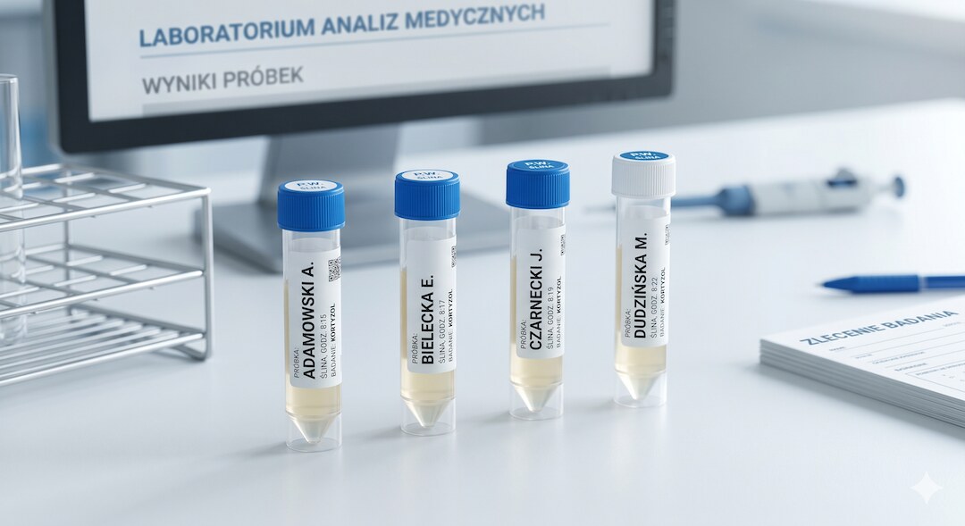 Cztery probówki z próbkami śliny na blacie laboratoryjnym, jasne minimalistyczne tło