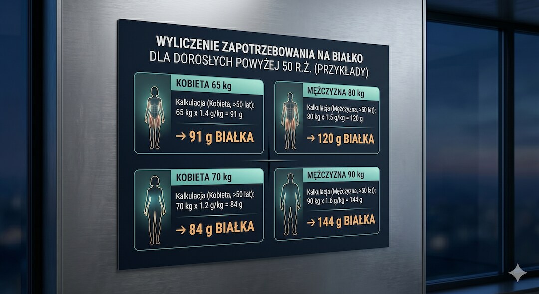 Infografika z kalkulatorem białka dla różnych mas ciała po 50-tce, opisy po polsku, ciemne tło