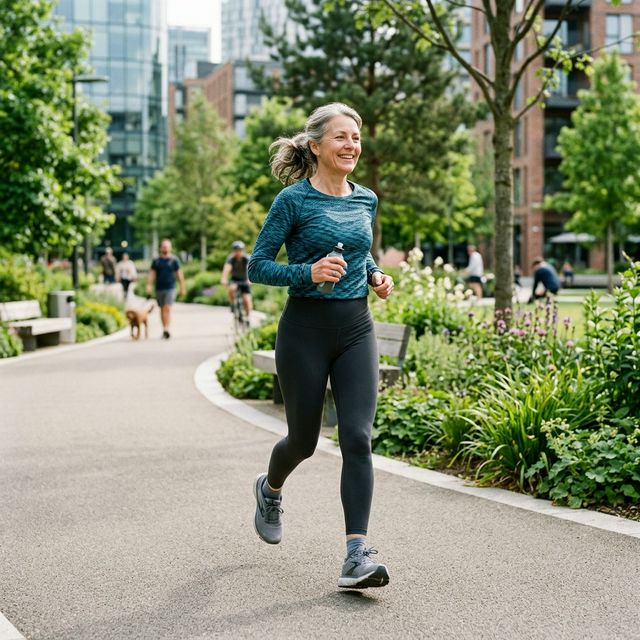 Osoba po 50-tce biegnąca rekreacyjnie w nowoczesnym parku