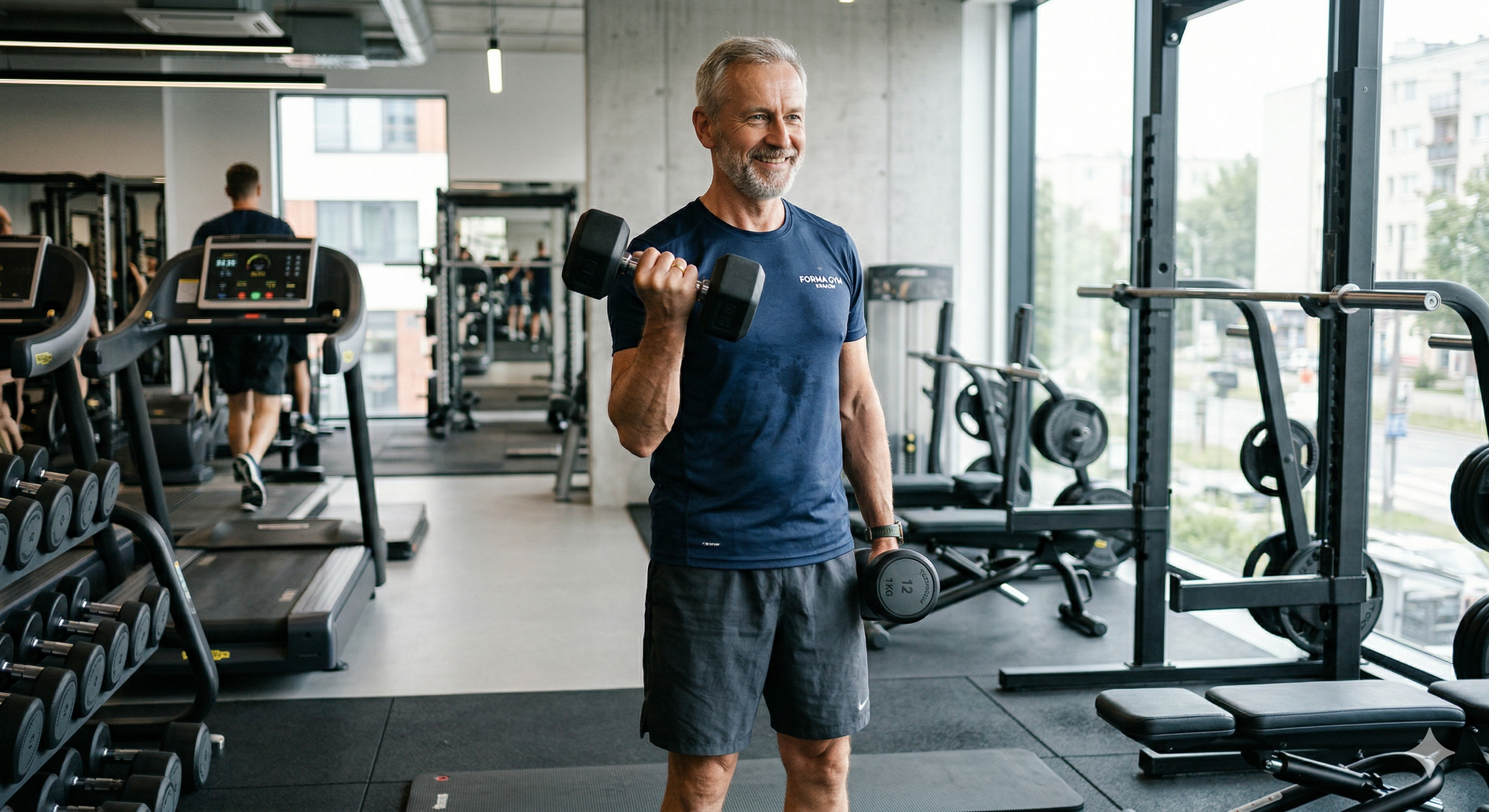 Dojrzały mężczyzna ćwiczący z hantlami obok bieżni w nowoczesnej siłowni