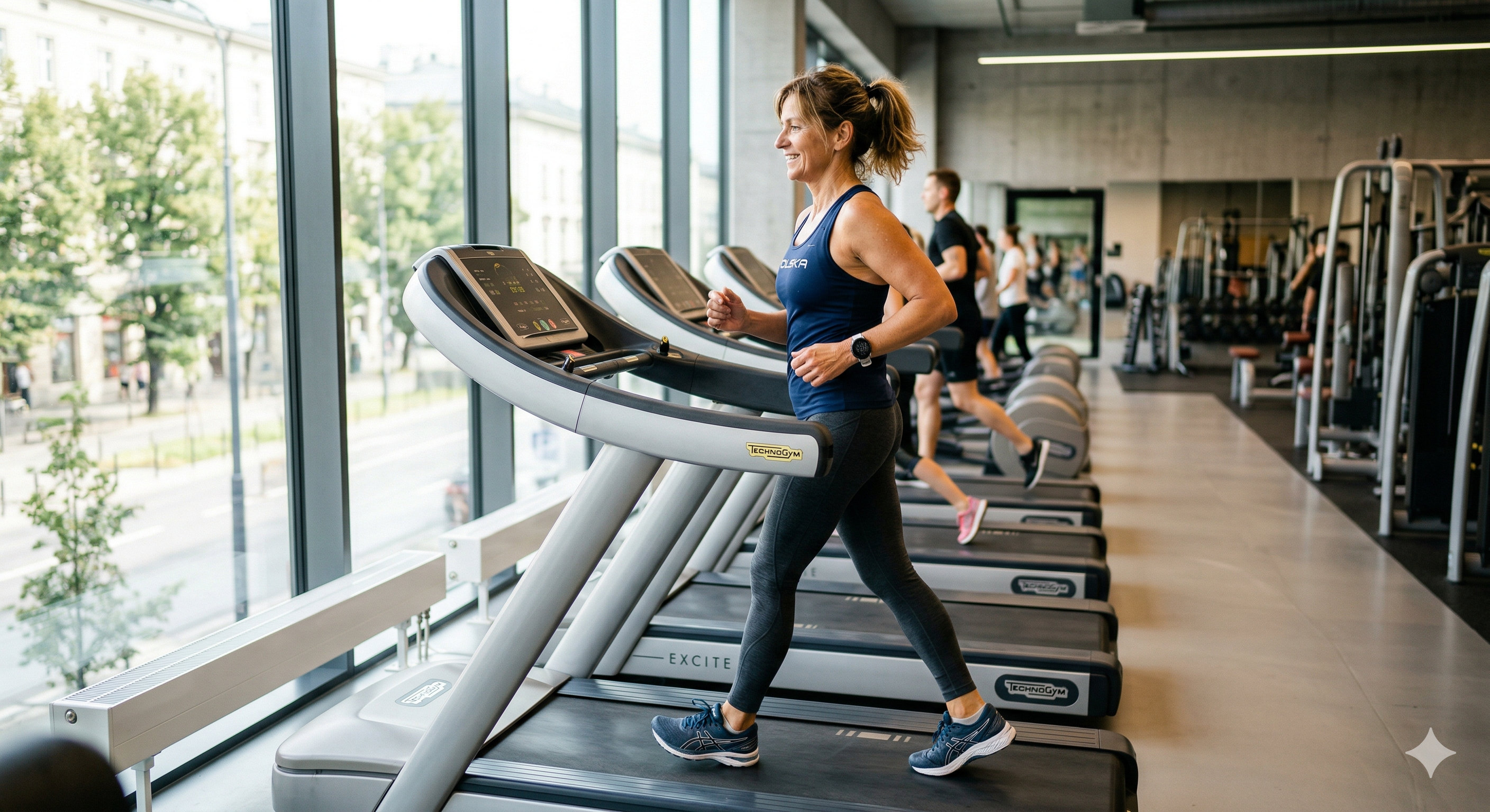 Dojrzała kobieta chodząca na bieżni w jasnej, nowoczesnej siłowni