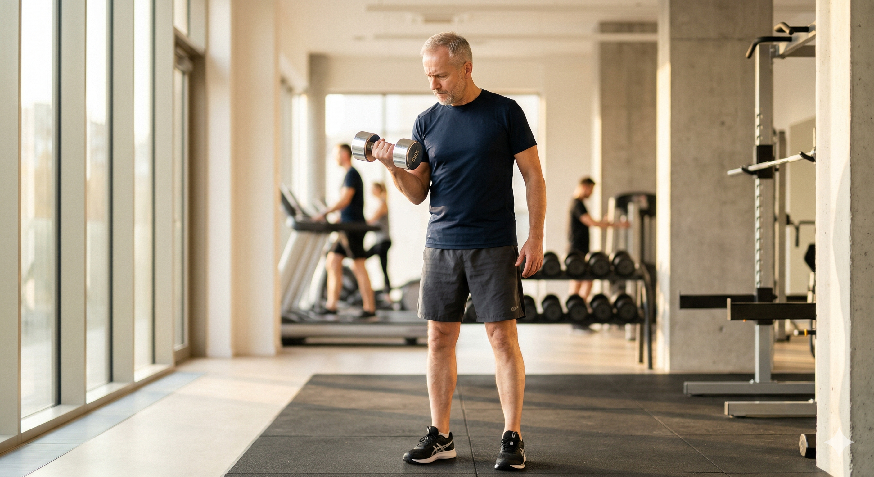 Mężczyzna po pięćdziesiątce ćwiczący z hantlami w nowoczesnej siłowni