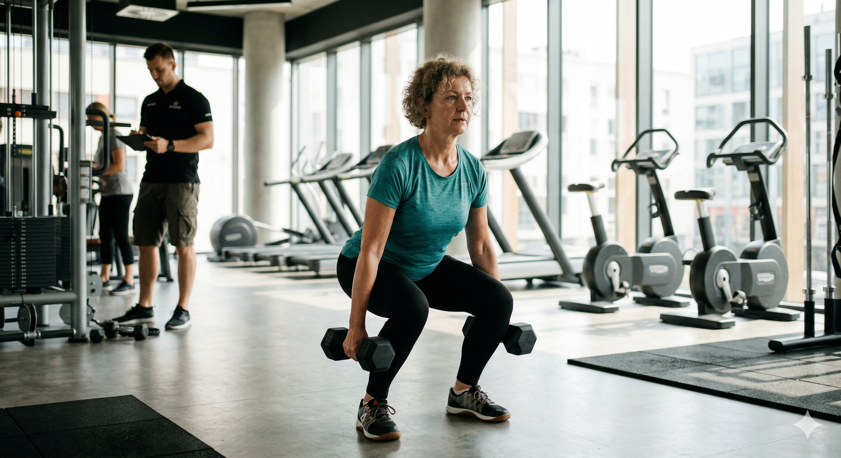 Kobieta po pięćdziesiątce wykonująca przysiady z hantlami w siłowni