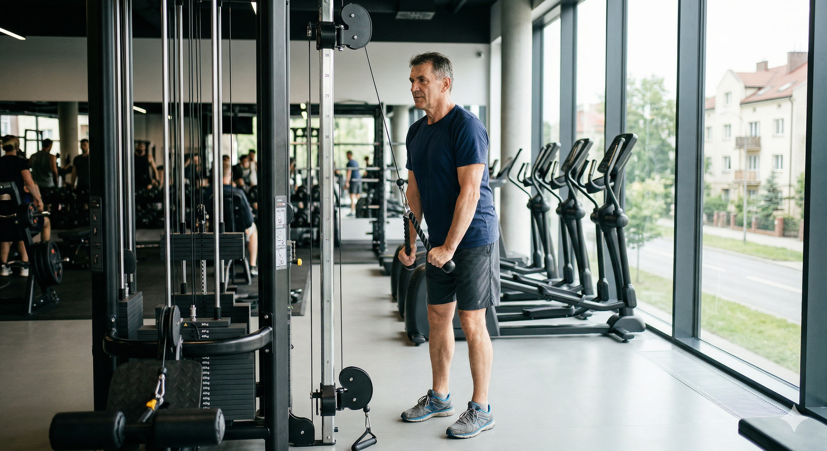 Dojrzały mężczyzna ćwiczący na maszynach siłowych w jasnej, nowoczesnej siłowni
