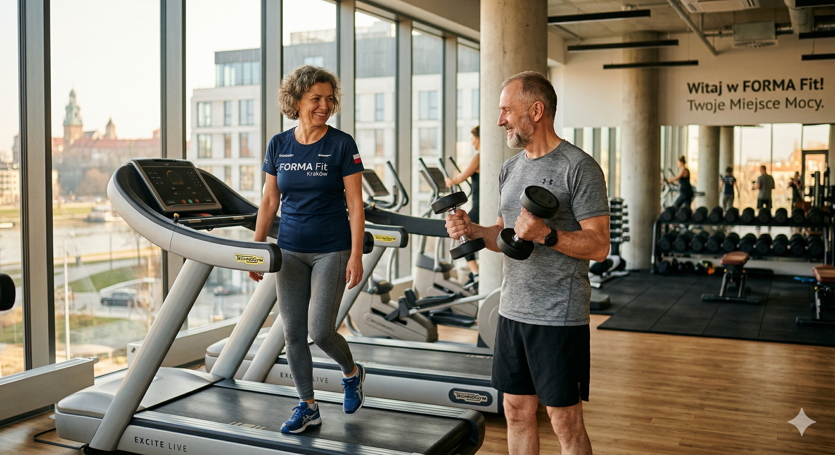 Para w wieku 55+ ćwicząca razem w nowoczesnej siłowni