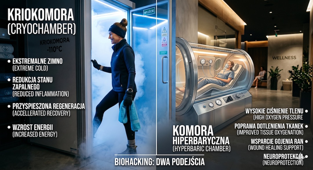 Dwie nowoczesne maszyny do biohackingu: kriokomora i komora hiperbaryczna w luksusowym wnętrzu kliniki