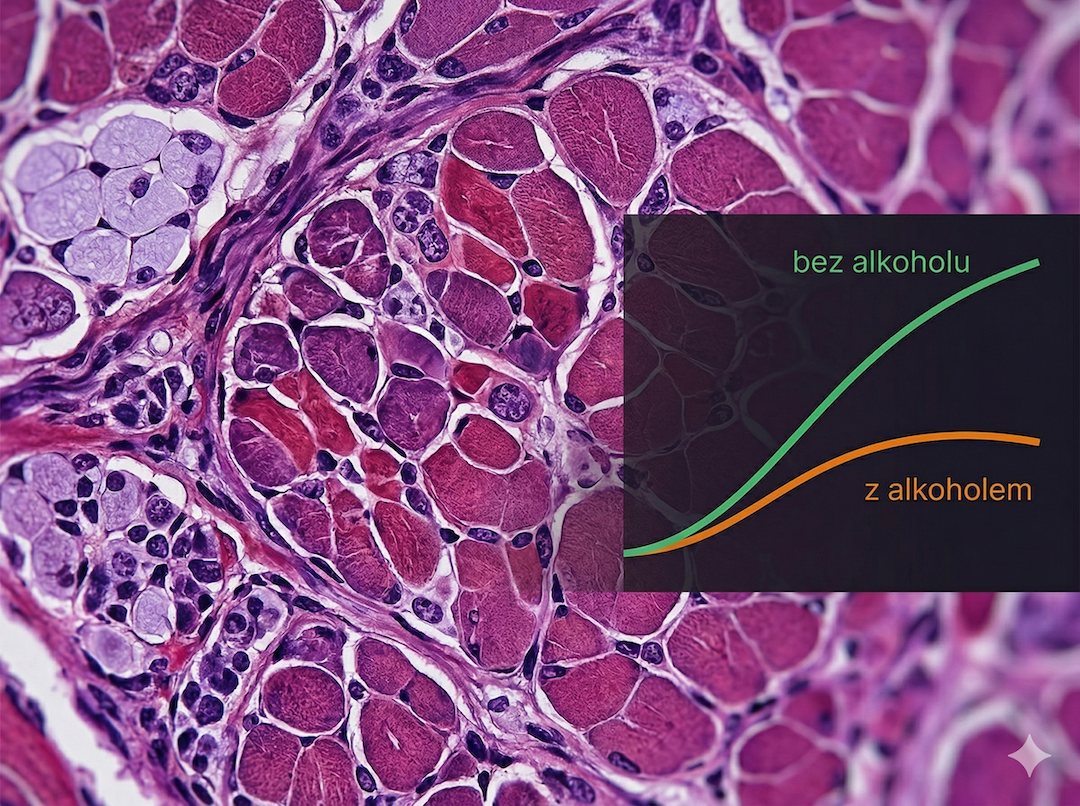Mikroskopowe przekroje włókna mięśniowego z graficznym porównaniem syntezy białek z alkoholem i bez