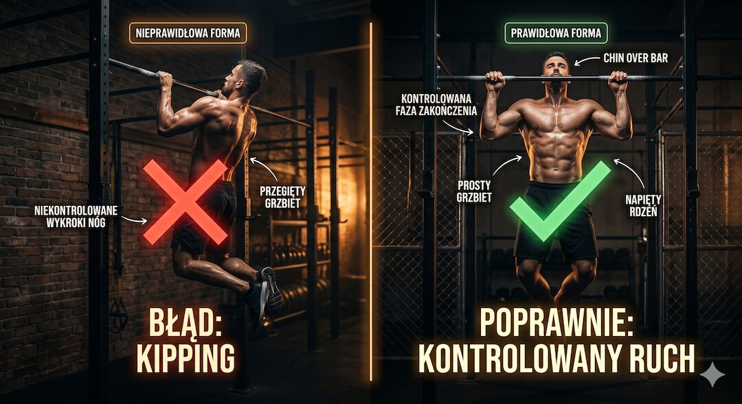 Porównanie poprawnej i błędnej techniki podciągania z polskimi etykietami błędów