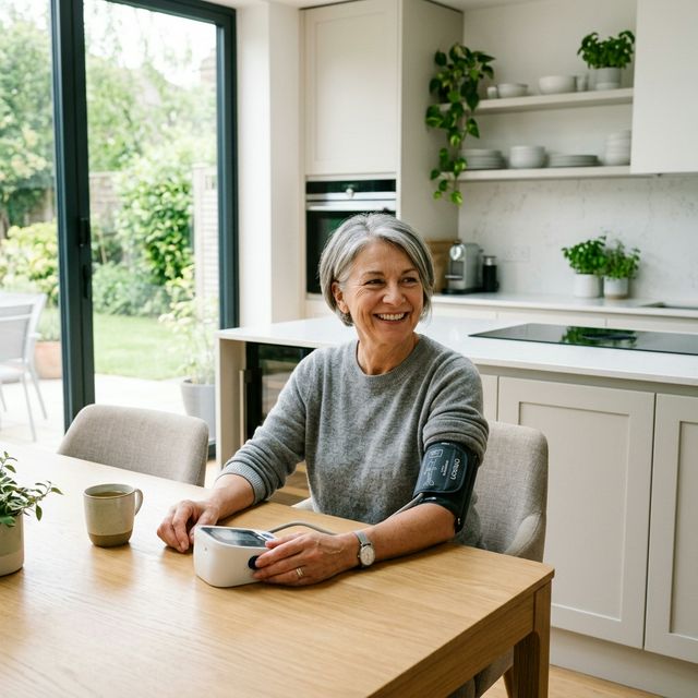 Osoba mierząca ciśnienie w jasnej, nowoczesnej kuchni - prosta kontrola zdrowia