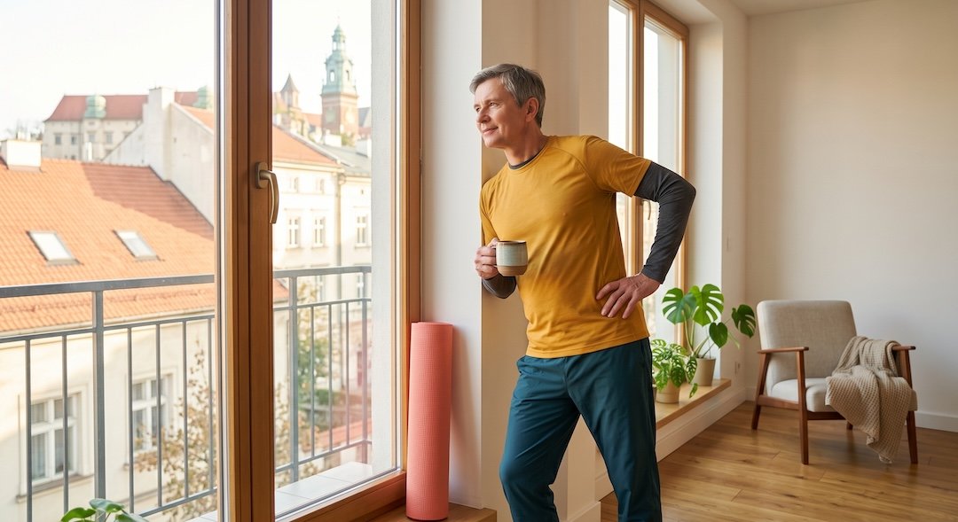Mężczyzna rano przy oknie z kubkiem, w tle zwinięta mata do ćwiczeń