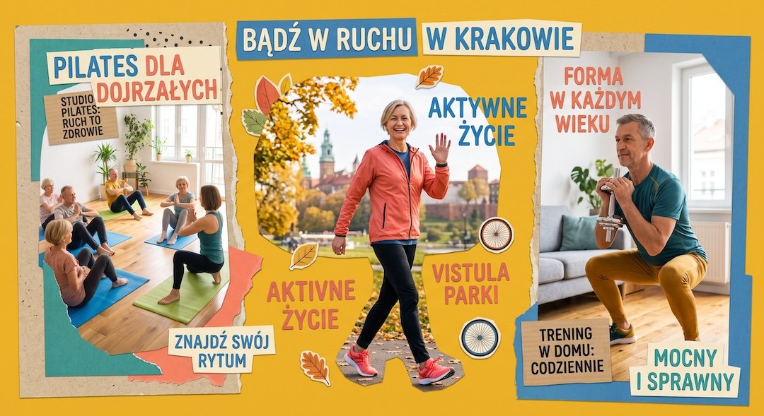 Kolaż trzech zdjęć: grupa pilatesu, marsz w parku i przysiad z hantlą w domu