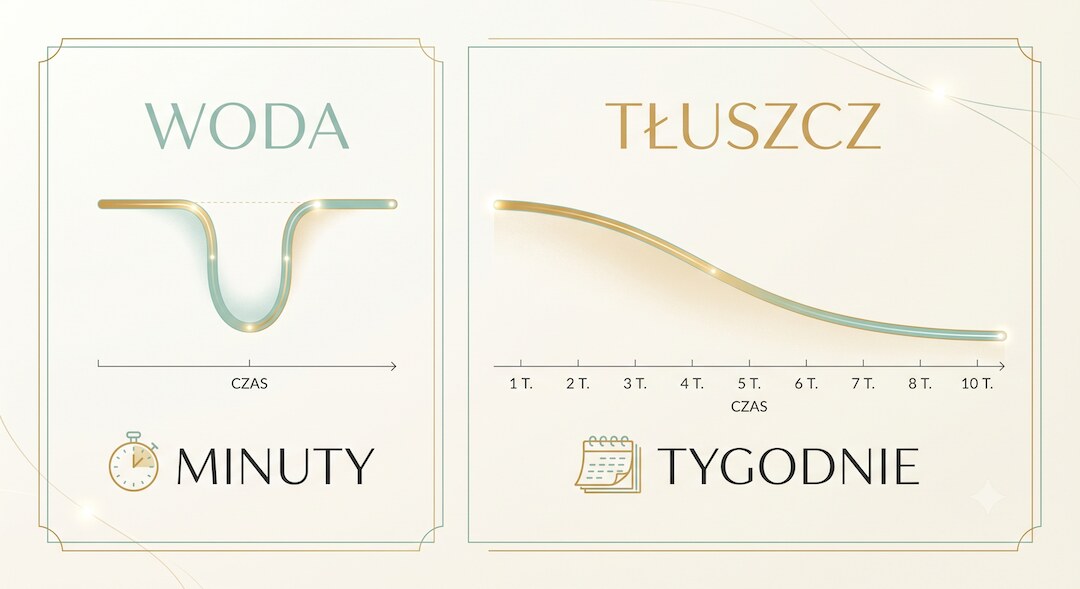 Infografika porównująca szybkie zmiany wody i wolniejszą redukcję tłuszczu.