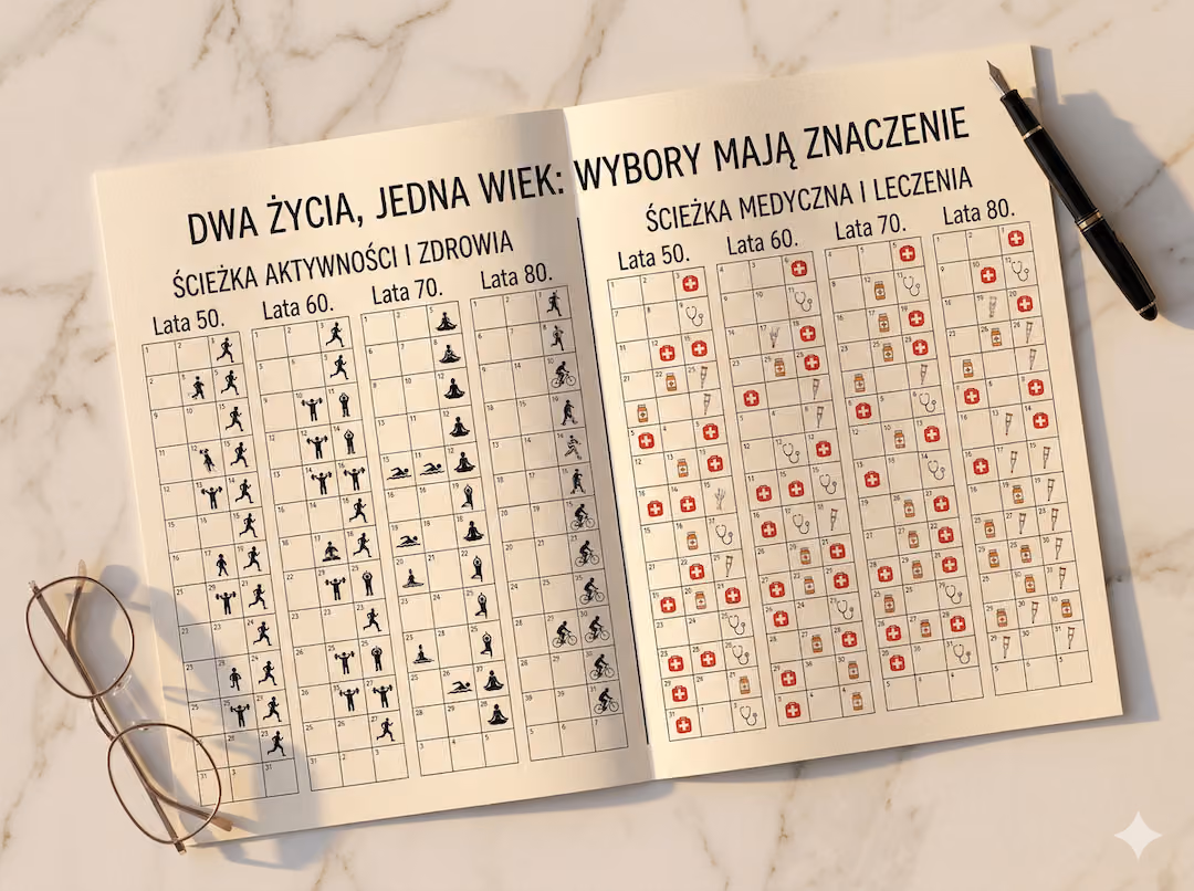 Kalendarz z ikonami treningu i szpitala — dwa możliwe scenariusze tej samej osi czasu