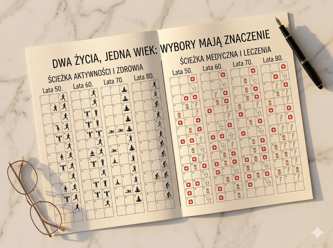 Kalendarz z ikonami treningu i szpitala — dwa możliwe scenariusze tej samej osi czasu