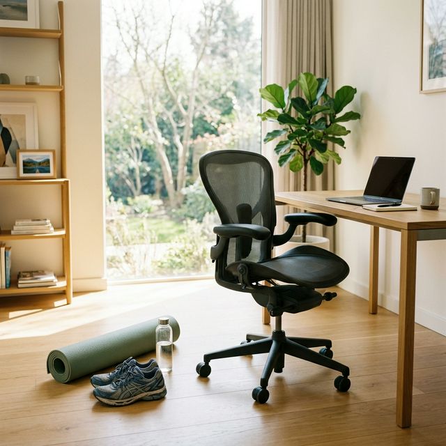 Puste krzesło biurowe, obok mata do jogi i buty do chodzenia – symbol przewagi ruchu nad bezruchem