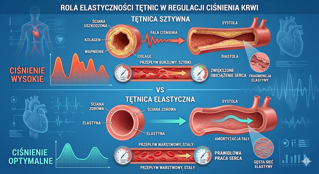 Grafika porównująca naczynia krwionośne osoby trenującej i nietrenującej, polskie etykiety