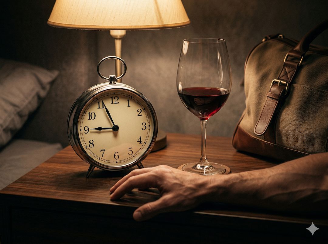 Zegar nocny, kieliszek wina i torba na siłownię — symbol czasu traconego na regenerację