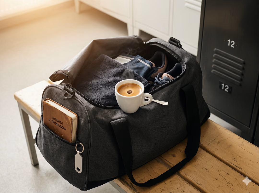 Torba treningowa z filiżanką espresso na ławce w szatni
