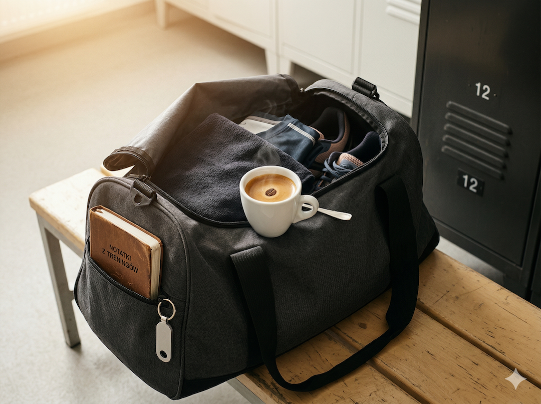 Torba treningowa z filiżanką espresso na ławce w szatni