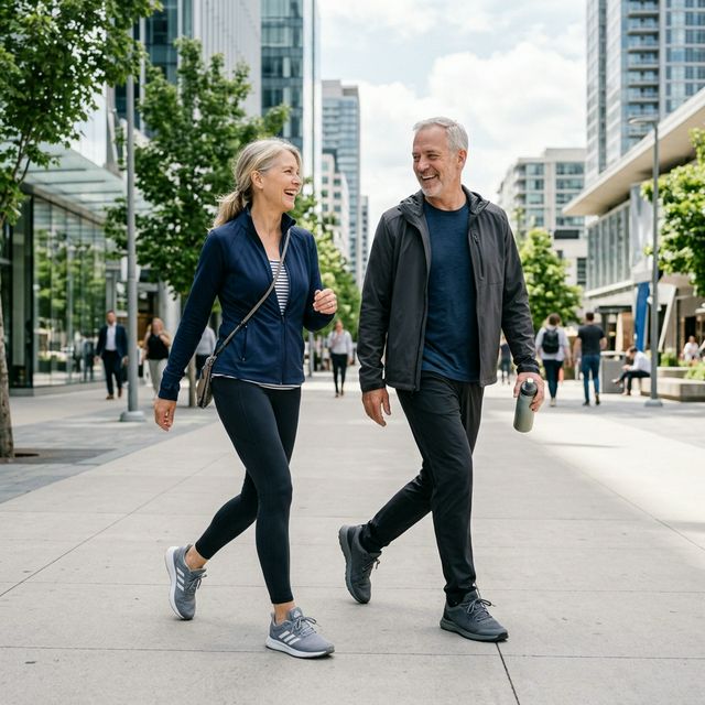 Zadowolona para 50+ podczas rytmicznego spaceru promenadą - ruch to podstawa prewencji bólu kręgosłupa