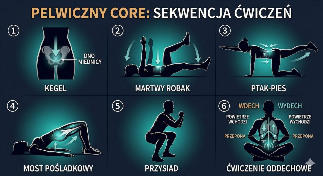 Ilustracja sześciu ćwiczeń core z opisami polskimi: kegel, dead bug, bird dog, mostek, przysiad, oddech