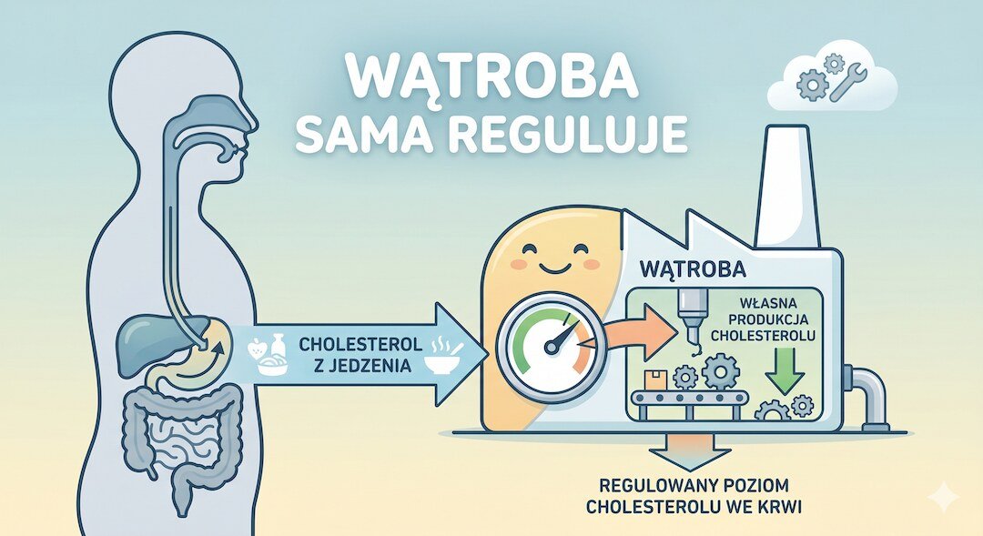 Ilustracja wątroby regulującej własną produkcję cholesterolu po posiłku