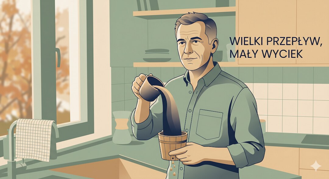 Ilustracja pokazująca duży dopływ płynu z kawy i niewielką utratę moczu