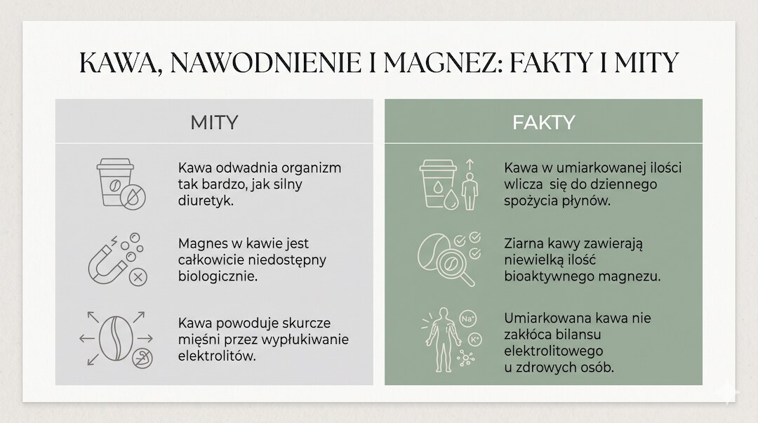 Tabela porównująca mity i fakty o kawie, nawodnieniu oraz magnezie