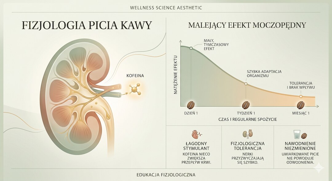 Infografika pokazująca łagodny efekt moczopędny kofeiny i rozwój tolerancji przy regularnym piciu