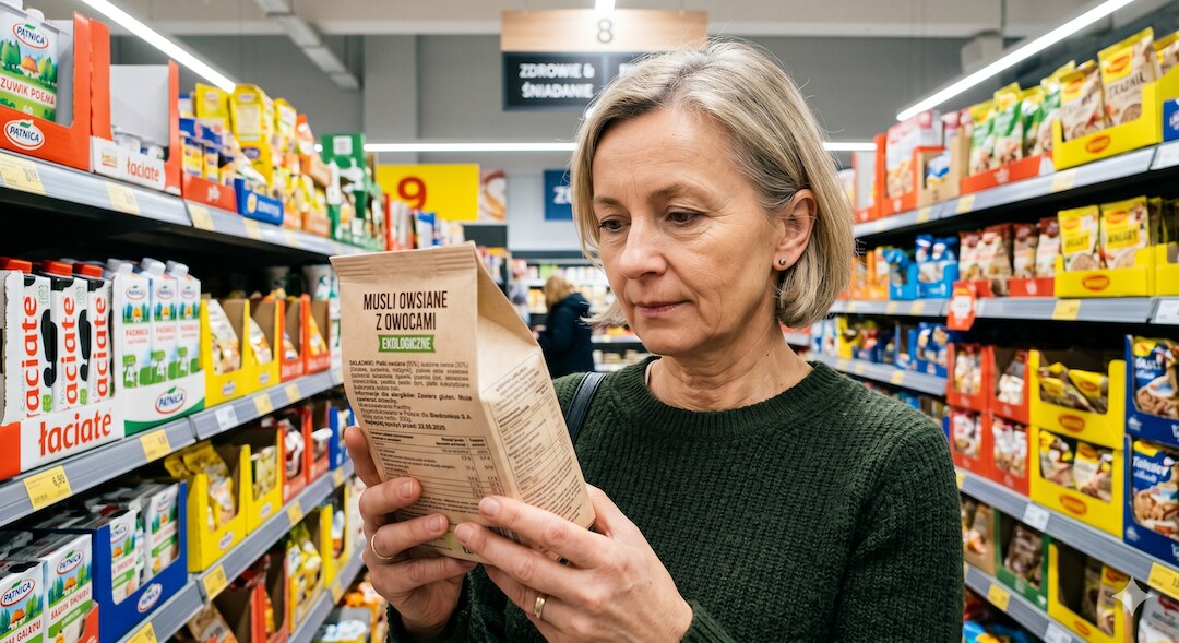 Osoba w sklepie trzyma produkt i czyta skład z tyłu opakowania