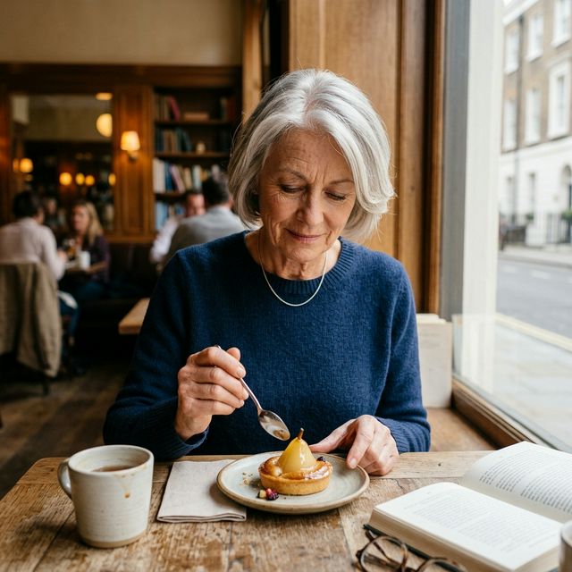 Osoba po 50-tce delektująca się małym deserem - symbol umiaru