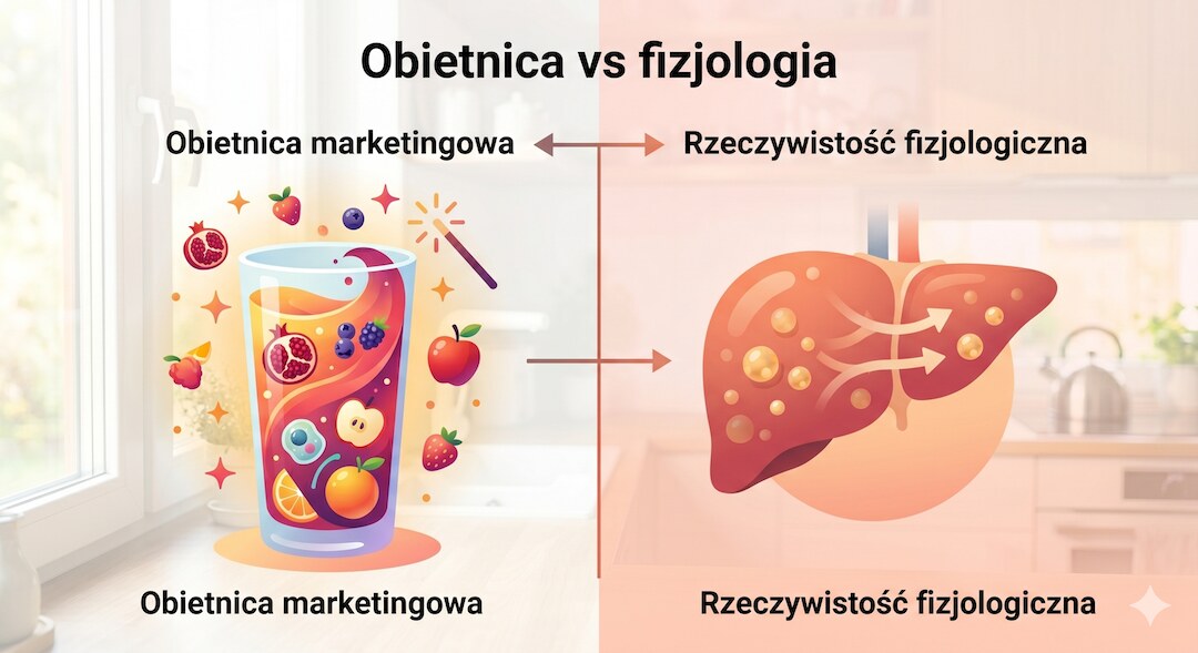Infografika porównująca obietnicę detoksu sokowego z fizjologiczną pracą wątroby