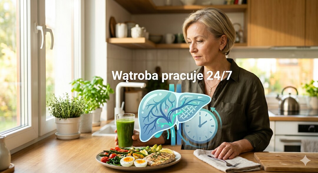 Ilustracja pokazująca wątrobę jako narząd pracujący nieprzerwanie przez całą dobę